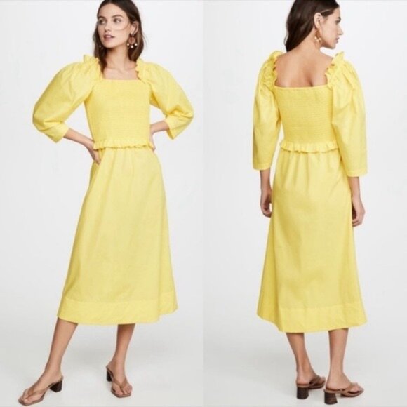 NWT Sea New York Tabitha Smocked Over Dyed Midi Dress 2 Citron Ruffle Bright - Picture 1 of 13